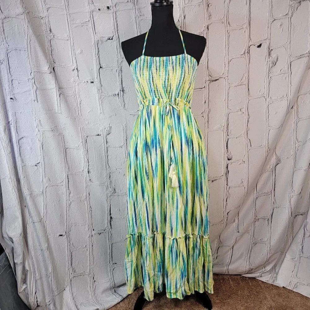 Davi & Dani Tropical Strappy Strapless Backless Flowy Maxi Vacation Dress Sz Lg‎